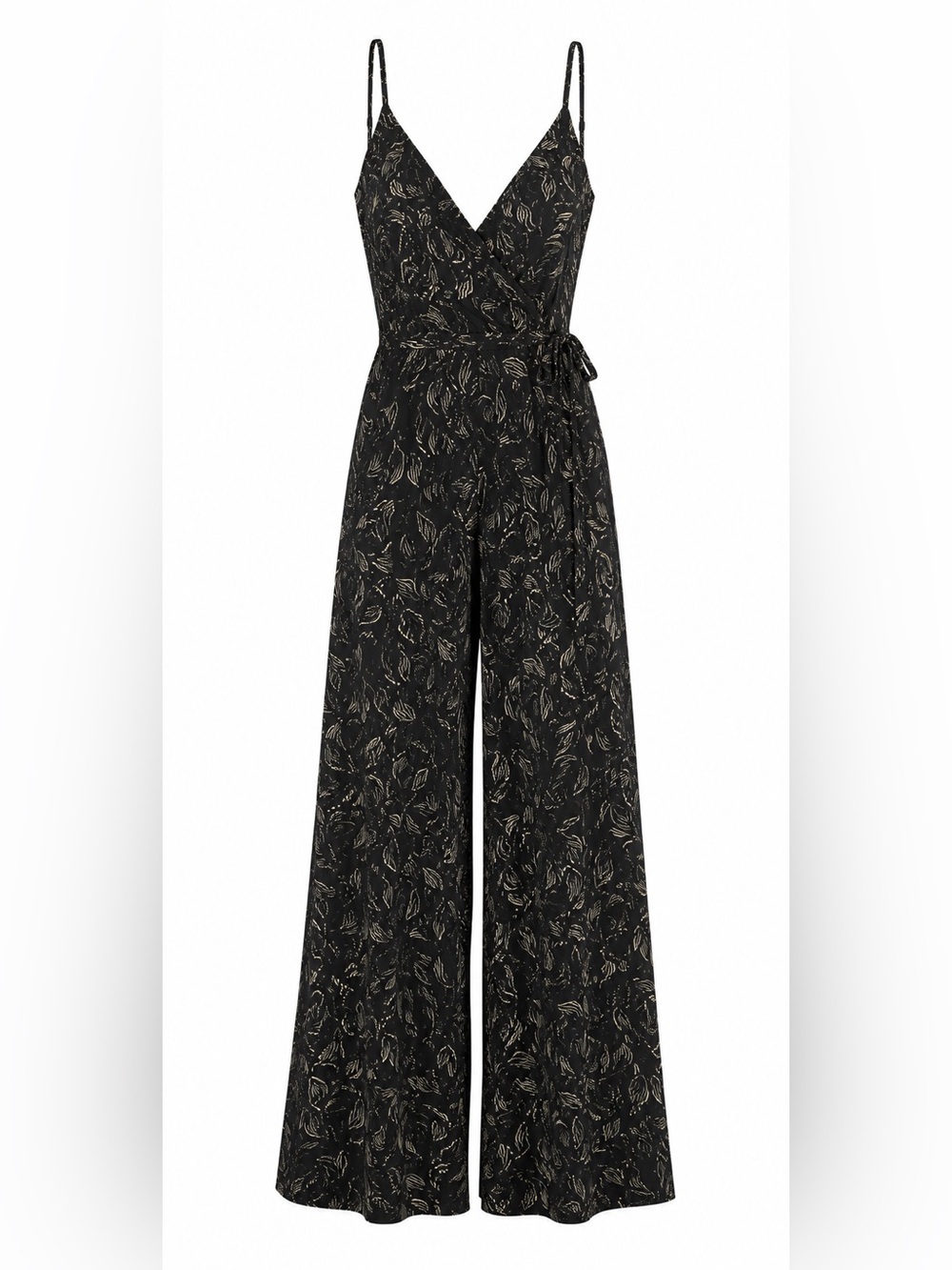 Kaileigh Black Maxi Jumpsuit with Cream Leaf Motif